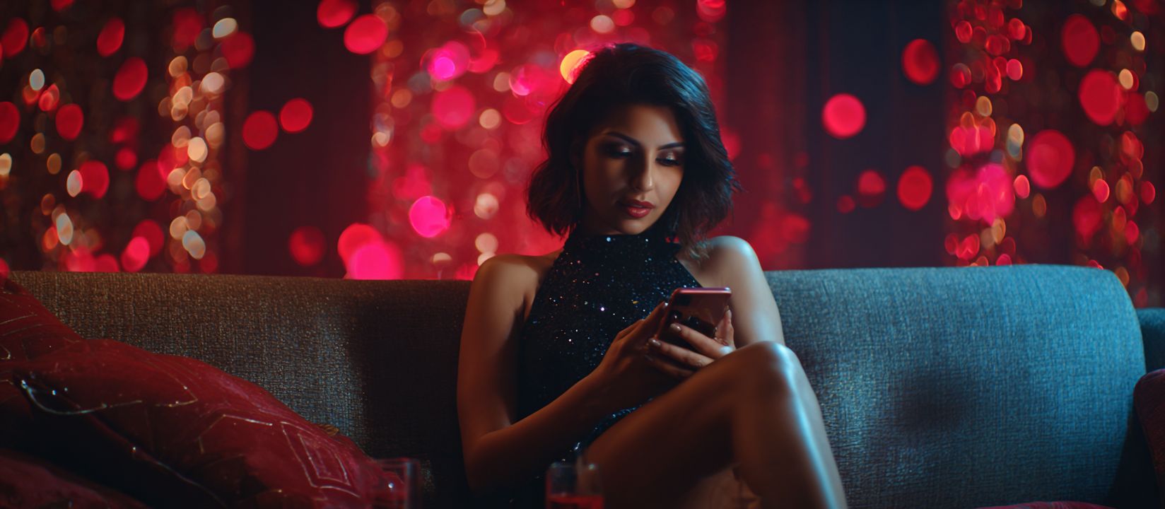 Stylish woman in a black dress sitting on a sofa using her smartphone for BG222 mobile casino gaming