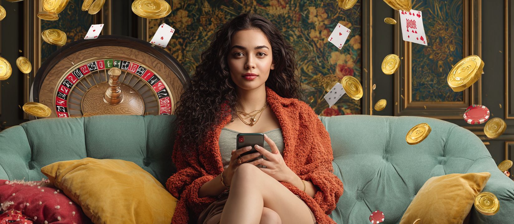 BG222 Mobile – The best casino experience at your fingertips Young woman relaxing with her smartphone surrounded by roulette, chips, and golden coins representing BG222 mobile casino