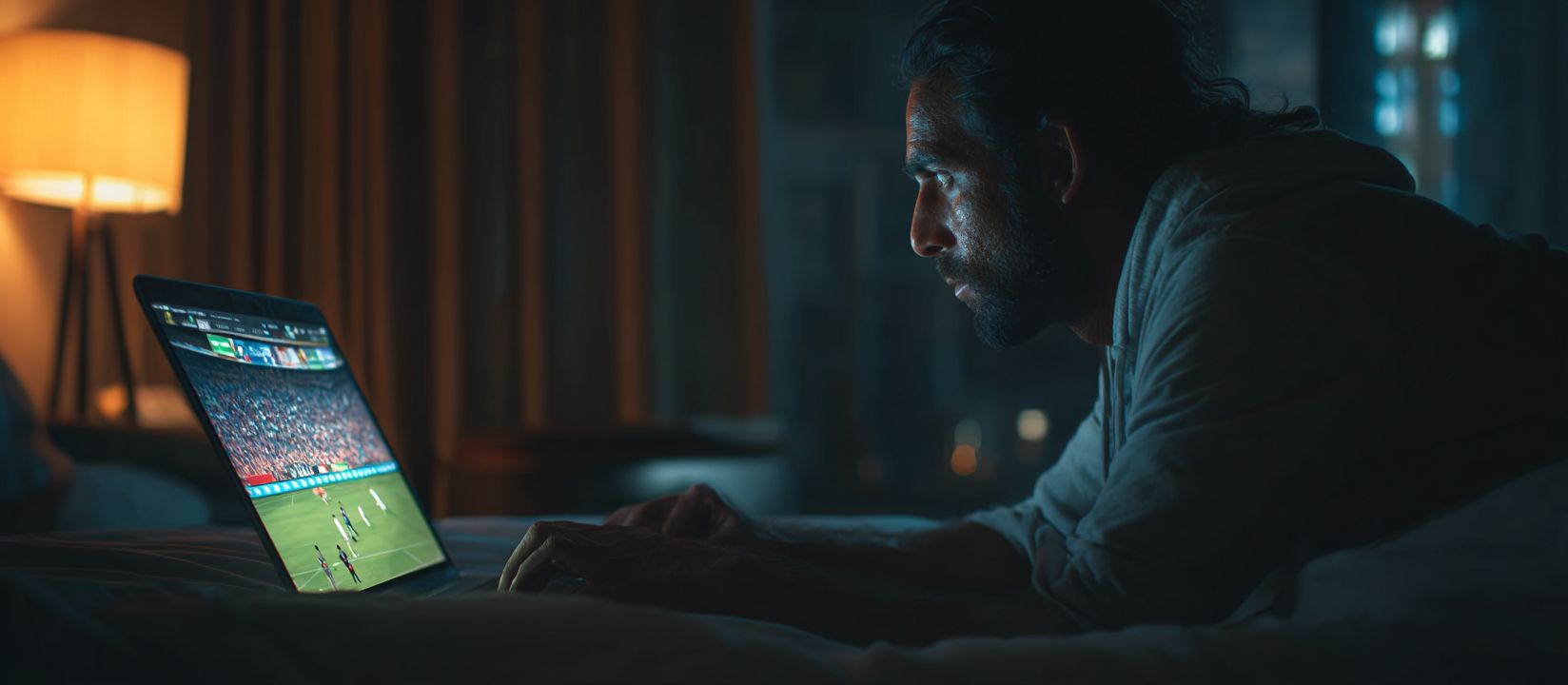 BG222 Live Bet – Experience the thrill of real-time sports betting Focused man laying on bed placing BG222 online sports bets while watching live football on laptop