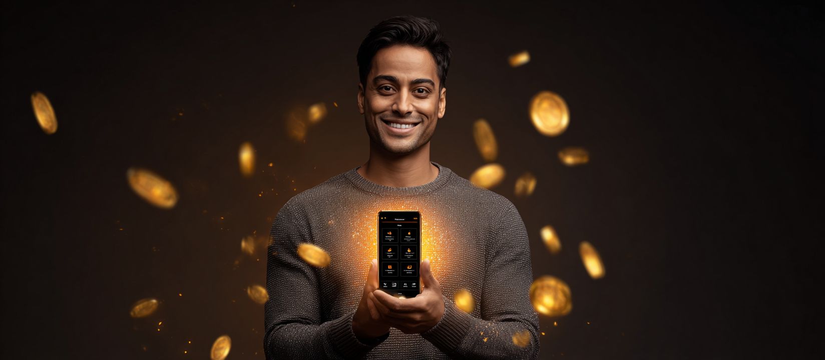 BG222 Bonus – Unlock the best rewards and offers Smiling man holding a smartphone with BG222 app surrounded by golden coins representing online casino bonuses