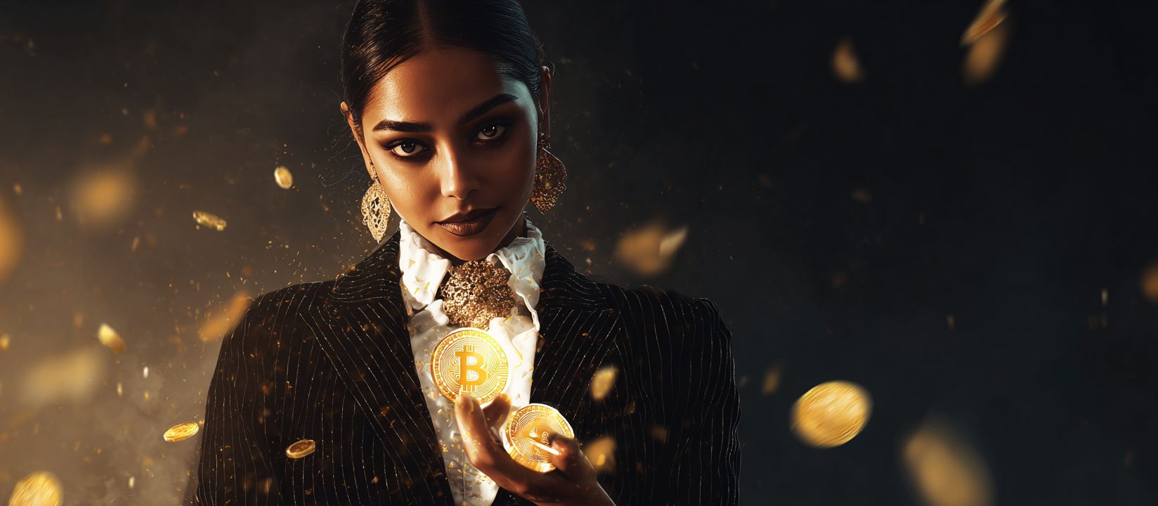 BG222 Promotions – Exclusive casino bonuses and crypto rewards Stylish woman in a pinstripe suit holding shining Bitcoin coins symbolizing BG222 casino bonuses and crypto rewards