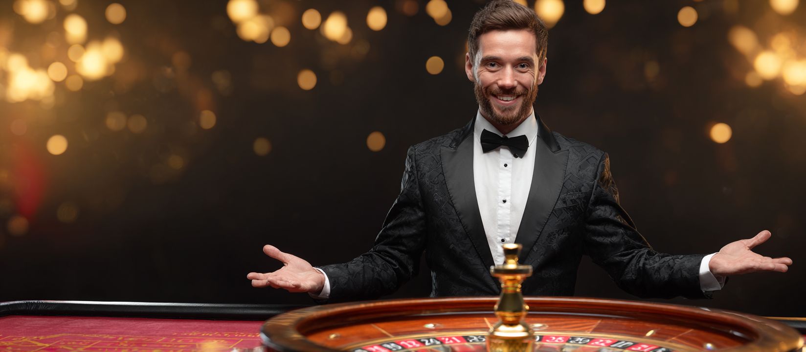 Smiling male dealer in a tuxedo standing at a roulette table representing BG222 live casino experience