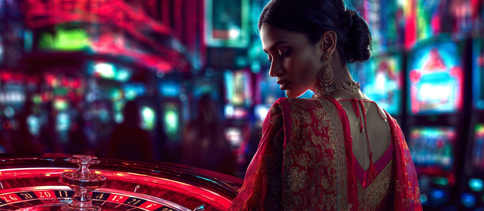BG222 Live Casino – The most immersive online gaming experience Elegant woman in a traditional red dress standing by a roulette table inside BG222 casino with colorful lights