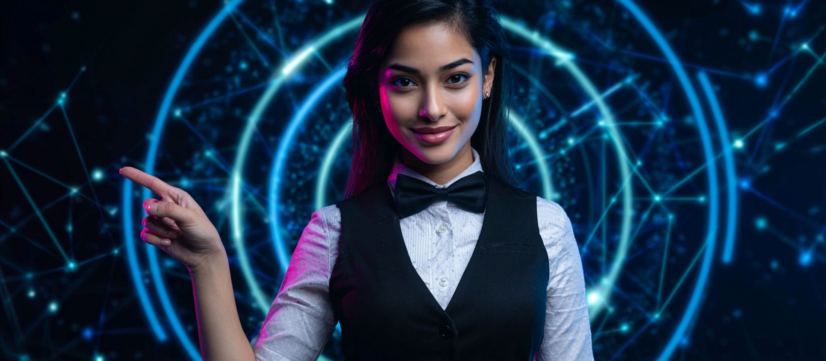 BG222 Login – Access your account and start playing instantly Smiling female dealer in a bow tie pointing towards digital interface representing BG222 online casino login