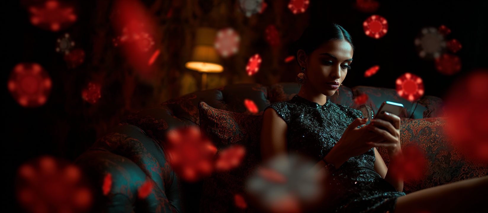 BG222 App – Download the best mobile casino app for Bangladesh Stylish woman in a black dress playing BG222 online casino on her smartphone with poker chips floating in the air