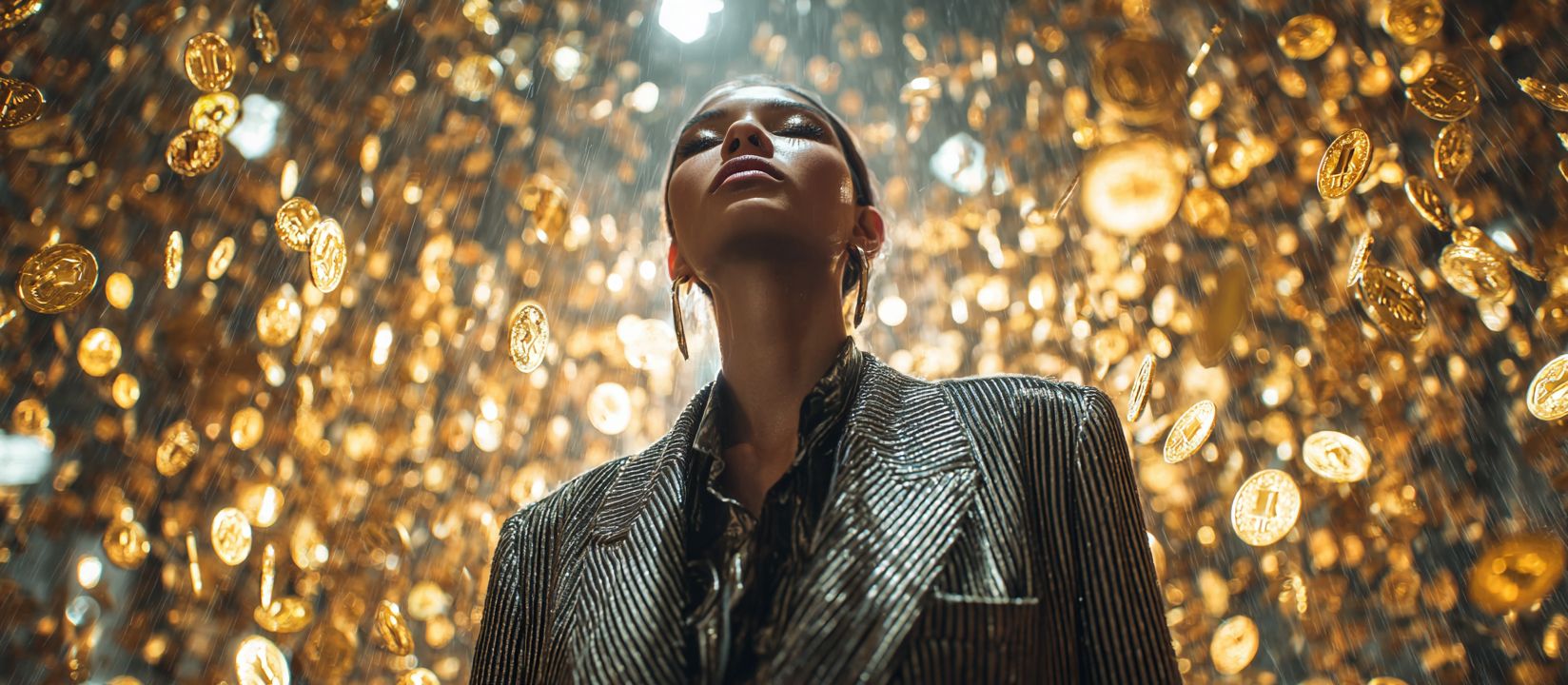 BG222 Casino Bonus – Get the ultimate online gaming rewards Confident woman in a striped suit standing under a shower of golden coins representing BG222 big bonus offers