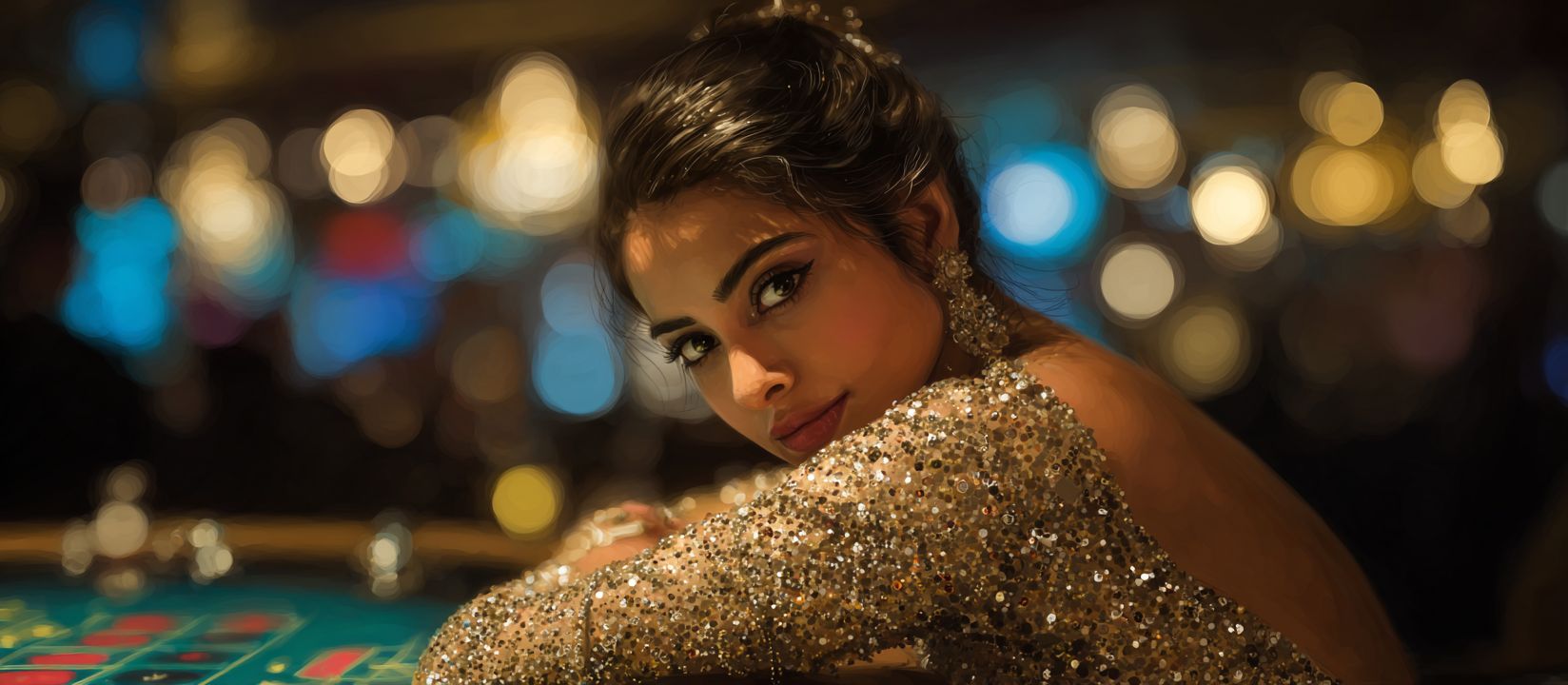 BG222 Games – Explore a complete collection of online casino games Beautiful lady in a sparkling golden dress enjoying BG222 live casino with bright lights in the background