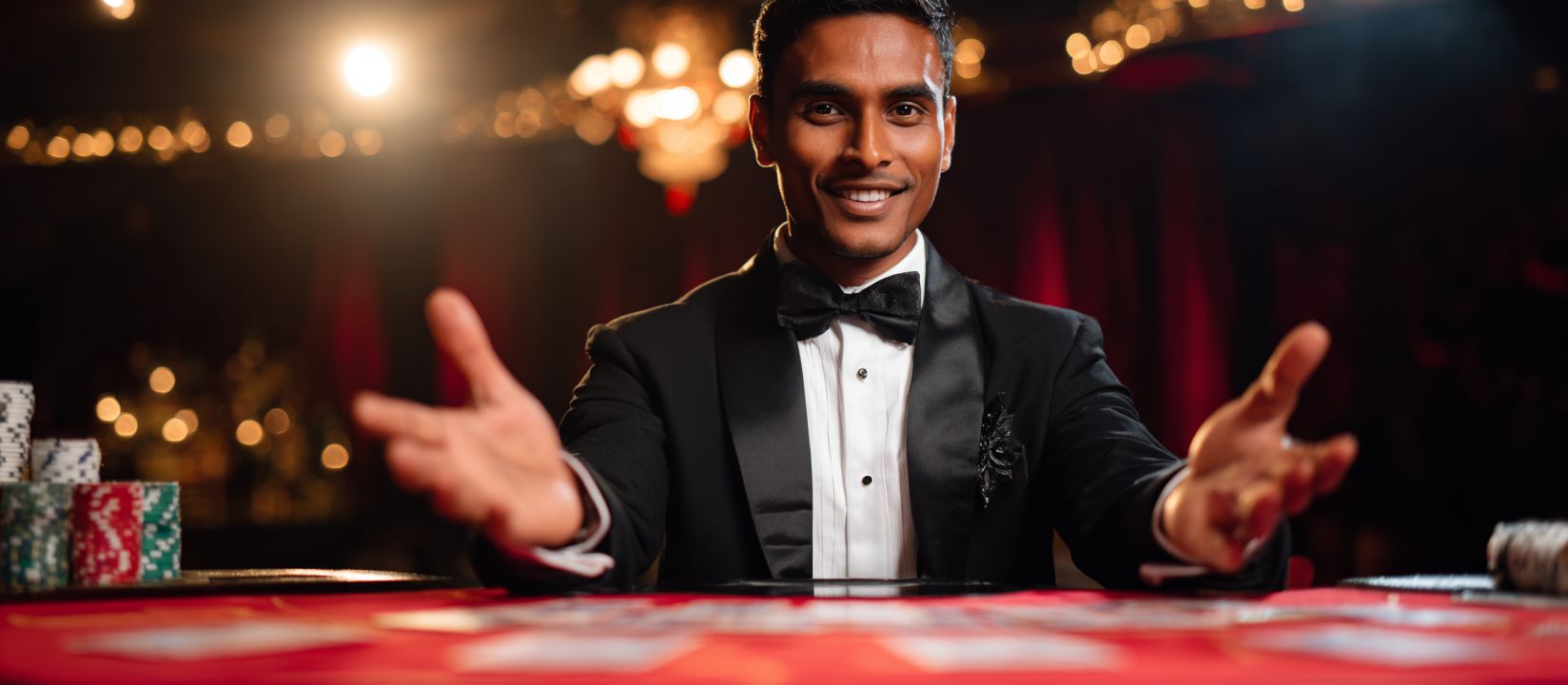 BG222 Log In – Secure access to your online gaming account Professional dealer in a tuxedo welcoming players to BG222 live casino table with poker chips and cards