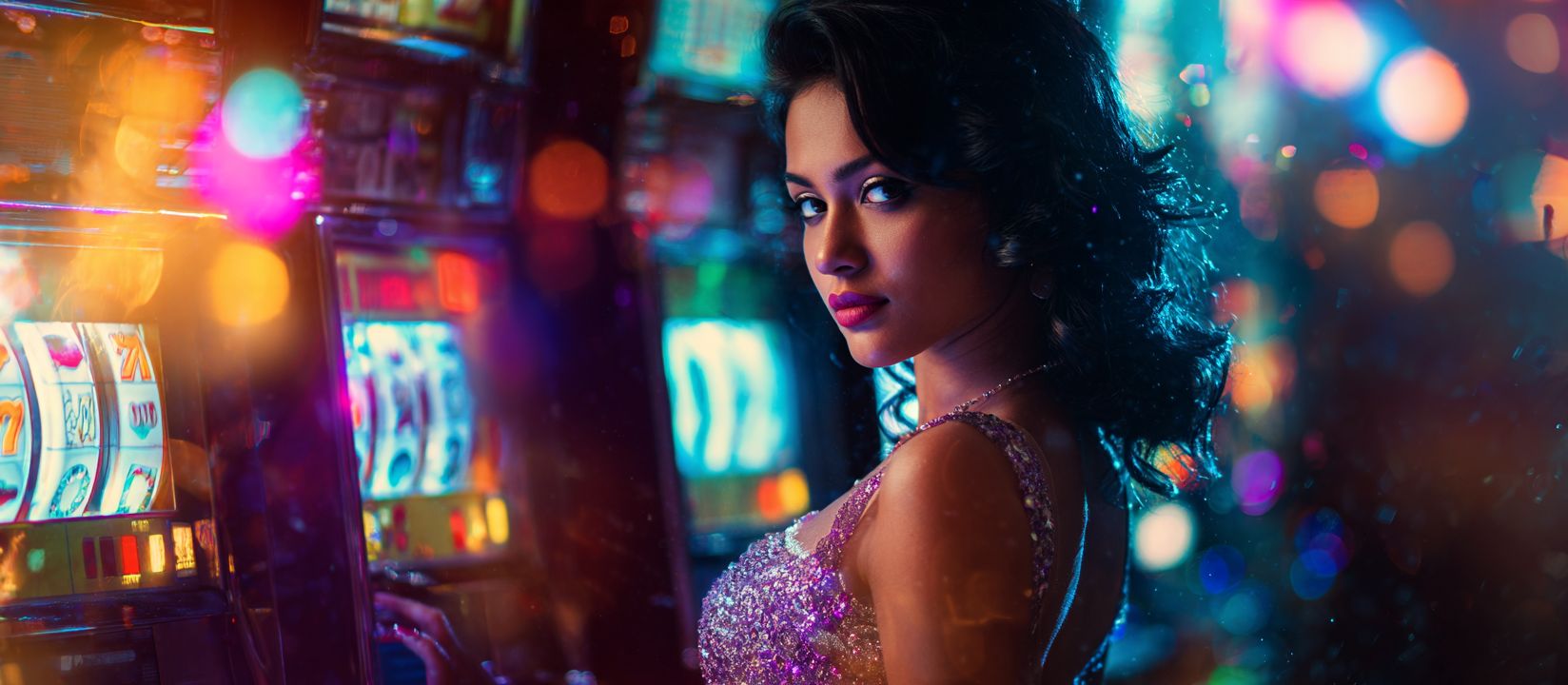 BG222 Slots – The ultimate destination for online slot games Beautiful woman in a sparkling dress playing vibrant slot machines at BG222 casino with colorful lights