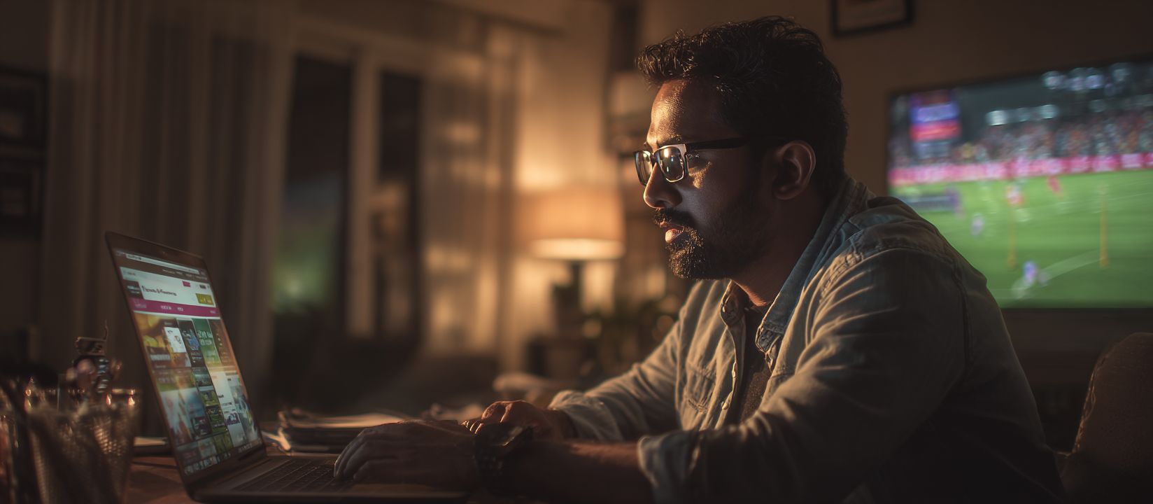 BG222 Bet – The best online sports betting experience in Bangladesh Focused man using a laptop for BG222 sports betting with a live football match on TV in the background