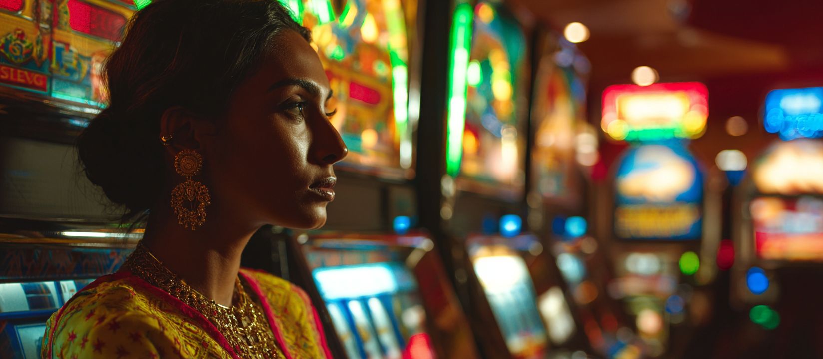 Woman playing colorful slot machines at BG222 casino with neon lights glowing around her